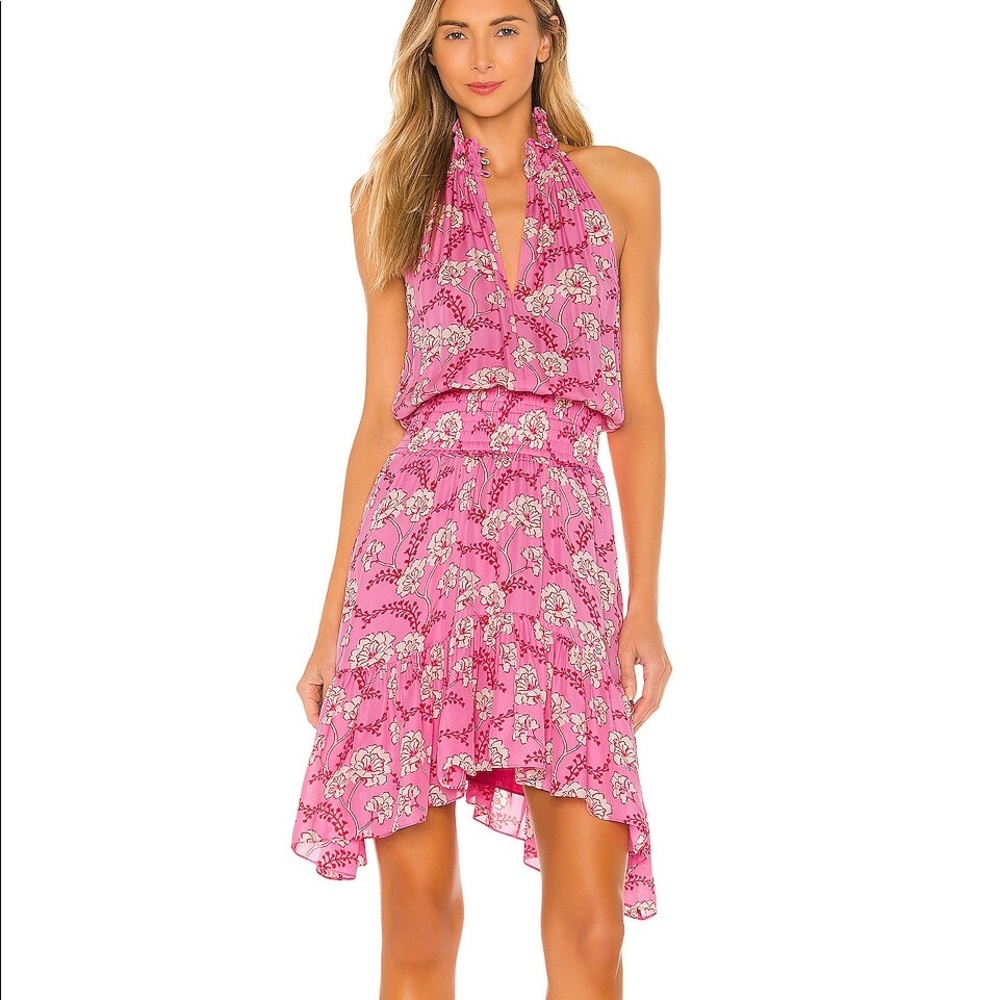 A.L.C. Pink Floral Smocked waist high low silk dress